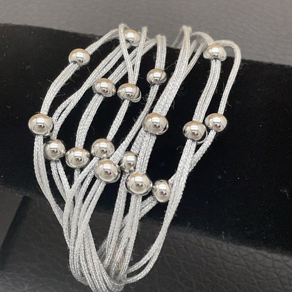Stainless Steel Woven Bracelet Multi Strand w/ Bead Details Silver Tone 6.75"